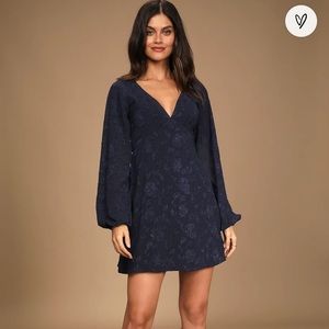 Lulus: Chic Ways Navy Blue Floral Jacquard Long Sleeve Mini Dress